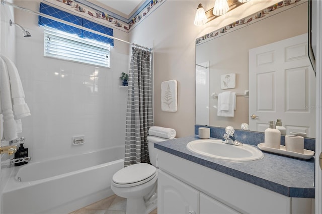 full bathroom with vanity, shower / tub combo with curtain, tile patterned floors, and toilet