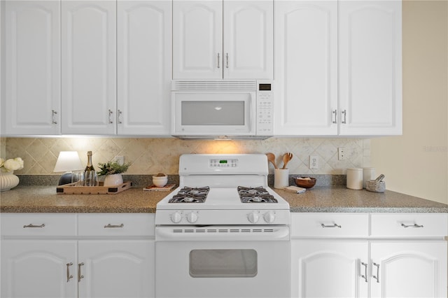 kitchen with white cabinetry, white appliances, and decorative backsplash