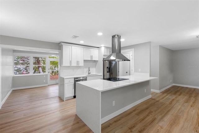 kitchen featuring sink, stainless steel appliances, island range hood, white cabinets, and a kitchen island