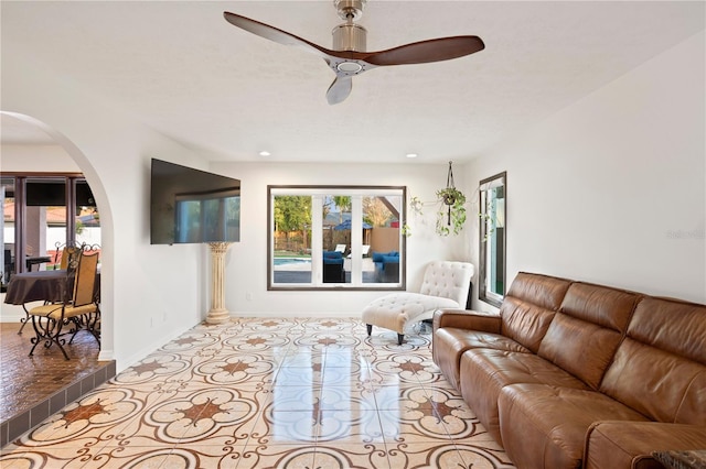 living room with ceiling fan