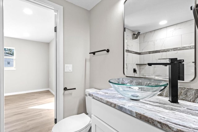 bathroom featuring vanity, wood-type flooring, walk in shower, and toilet