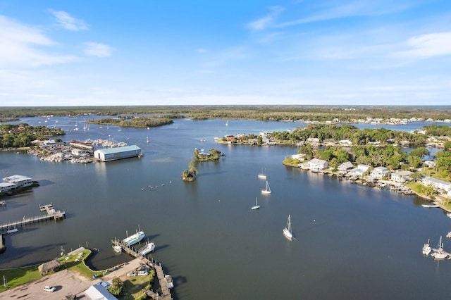 drone / aerial view with a water view