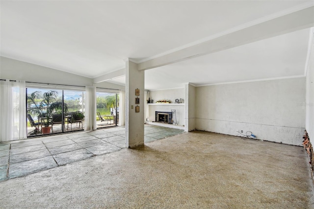 unfurnished living room featuring ornamental molding