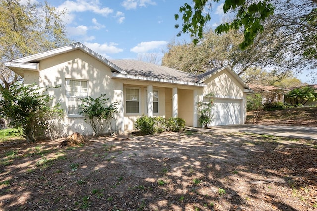 view of front of home featuring an attached garage, driveway, roof with shingles, and stucco siding