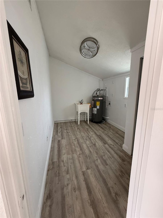 interior space featuring sink, hardwood / wood-style flooring, water heater, ornamental molding, and a textured ceiling