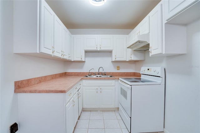 kitchen with white cabinetry, sink, light tile patterned floors, and white range with electric cooktop