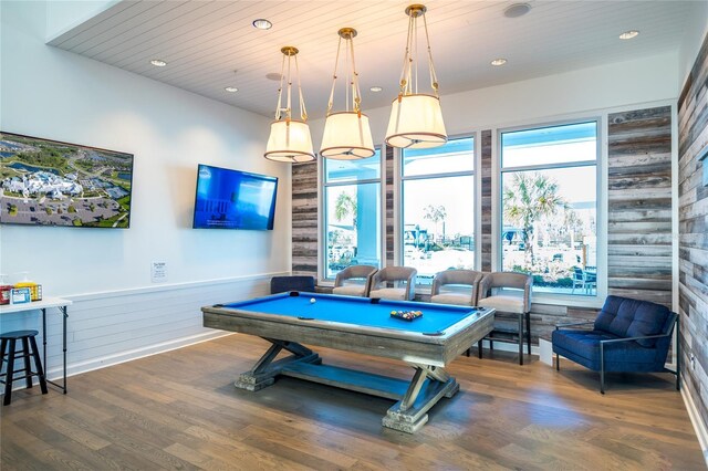 4748 Ballast Crest Cv, Land O Lakes, FL 34638 - rec room featuring a wainscoted wall, recessed lighting, billiards, wood finished floors, and wood ceiling