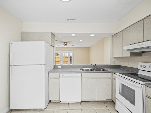 kitchen with sink, light tile patterned floors, ceiling fan, white appliances, and french doors