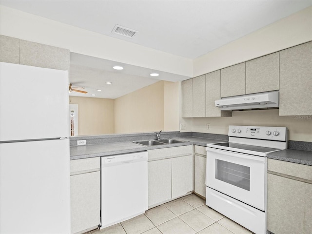 kitchen featuring ceiling fan, white appliances, sink, and light tile patterned floors