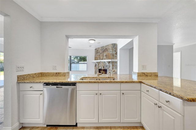 kitchen featuring sink, dishwasher, light stone counters, white cabinets, and kitchen peninsula