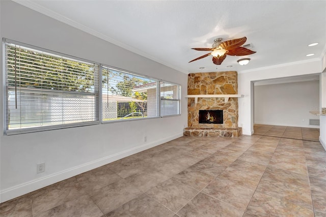 unfurnished living room with a stone fireplace, ornamental molding, and ceiling fan