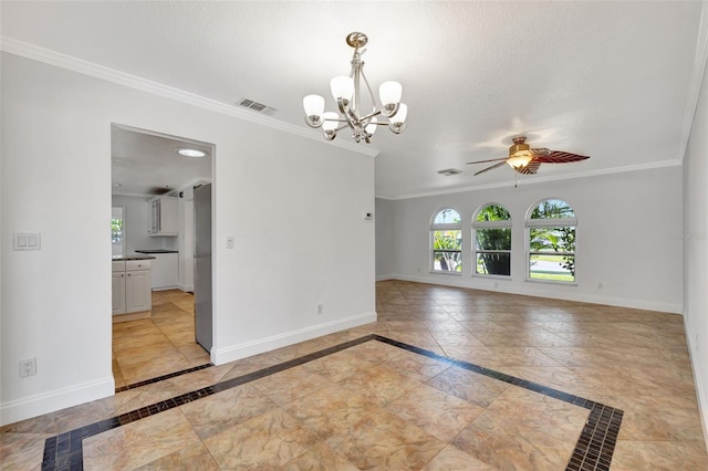 unfurnished room featuring ceiling fan with notable chandelier, ornamental molding, and a textured ceiling