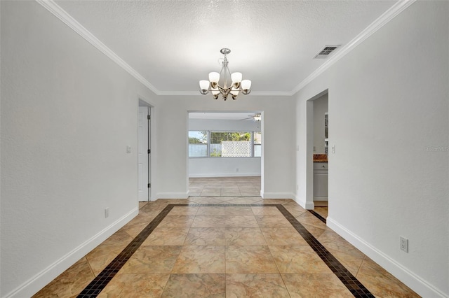 unfurnished dining area featuring crown molding, ceiling fan with notable chandelier, and a textured ceiling