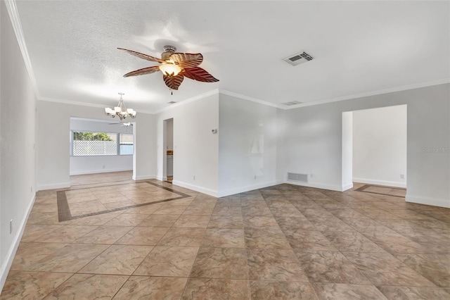 unfurnished living room featuring crown molding, ceiling fan with notable chandelier, and a textured ceiling