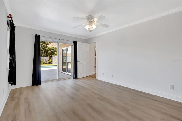 unfurnished room featuring ornamental molding, ceiling fan, and light hardwood / wood-style flooring