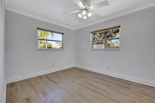 spare room with crown molding, ceiling fan, and light wood-type flooring