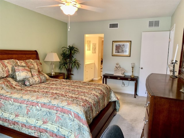 bedroom with light colored carpet, visible vents, ceiling fan, and baseboards