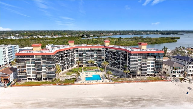 birds eye view of property featuring a water view