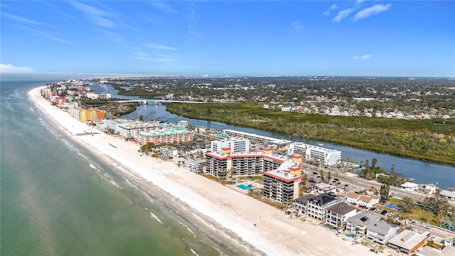 bird's eye view with a water view and a view of the beach