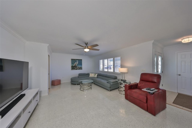 living room featuring crown molding and ceiling fan