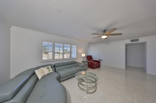 living room featuring crown molding and ceiling fan