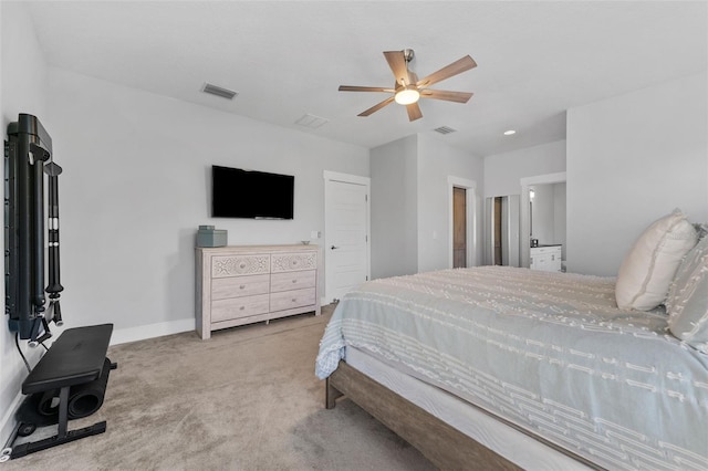 bedroom featuring ceiling fan and light colored carpet