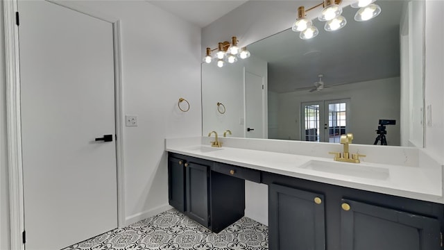 bathroom with vanity, tile patterned floors, and ceiling fan