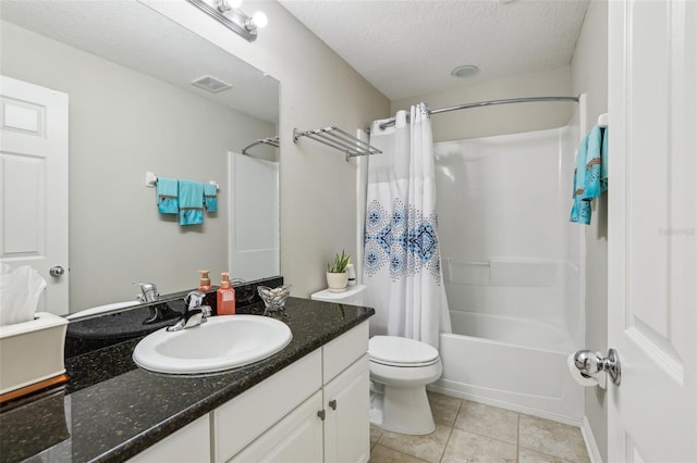 full bathroom featuring toilet, a textured ceiling, vanity, shower / bathtub combination with curtain, and tile patterned flooring