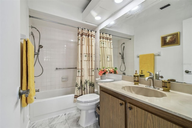 full bathroom featuring shower / bath combination with curtain, vanity, and toilet