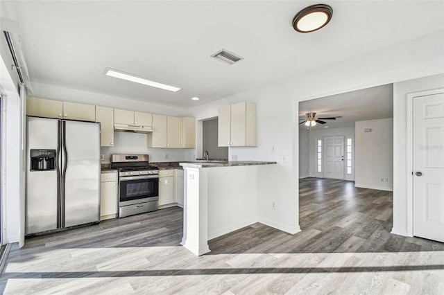 kitchen featuring wood-type flooring, ceiling fan, kitchen peninsula, stainless steel appliances, and cream cabinetry