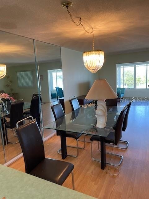 dining room featuring an inviting chandelier, a healthy amount of sunlight, and hardwood / wood-style flooring