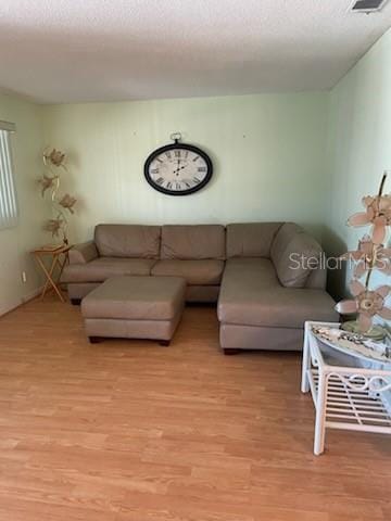 living room with a textured ceiling and light hardwood / wood-style floors