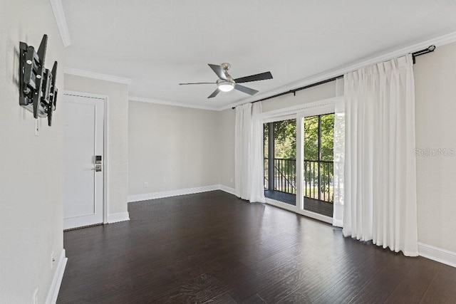 empty room with dark wood-type flooring, ornamental molding, and ceiling fan