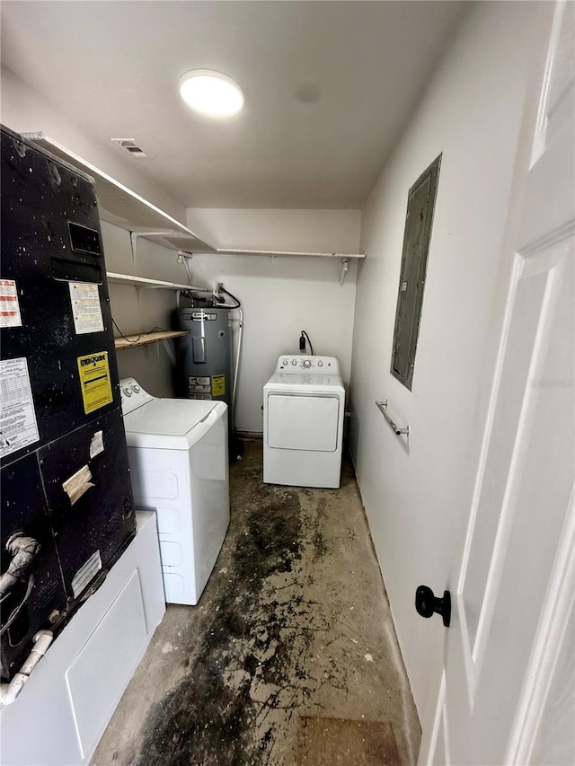 laundry area with heating unit, electric panel, electric water heater, and washing machine and clothes dryer