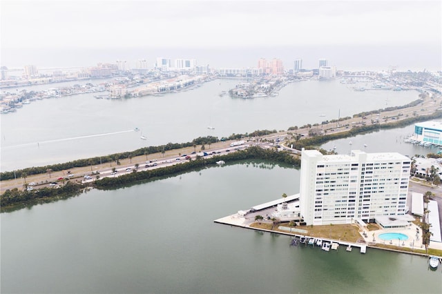 drone / aerial view with a water view