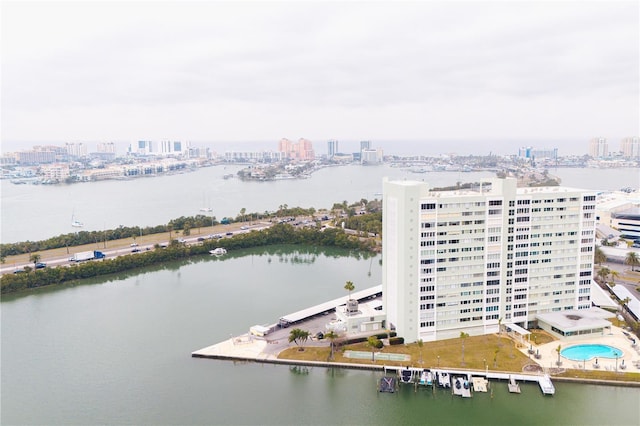 drone / aerial view featuring a water view