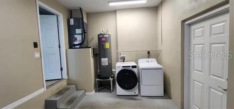 laundry room with electric water heater, washing machine and dryer, and heating unit