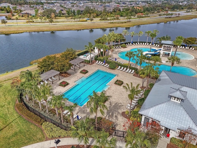 view of swimming pool with a gazebo, a water view, and a patio area