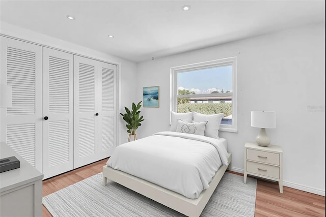 bedroom featuring wood-type flooring and a closet