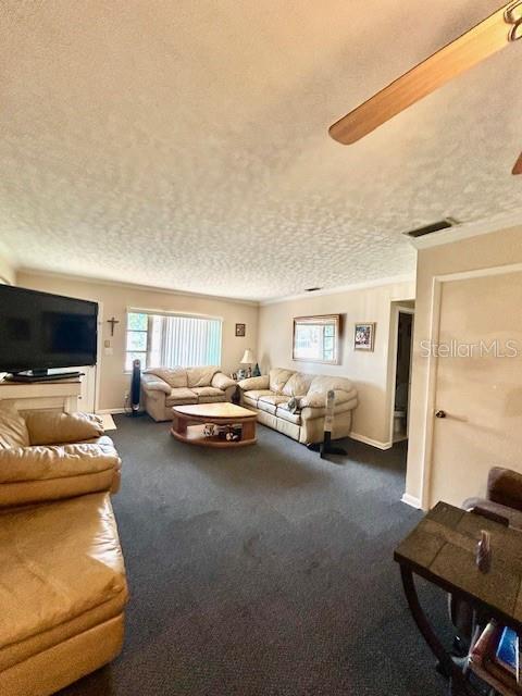 carpeted living room featuring crown molding and a textured ceiling