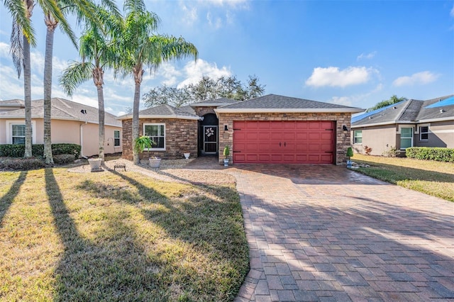 ranch-style house with a garage and a front lawn