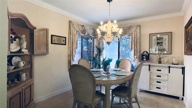 dining space with crown molding and an inviting chandelier