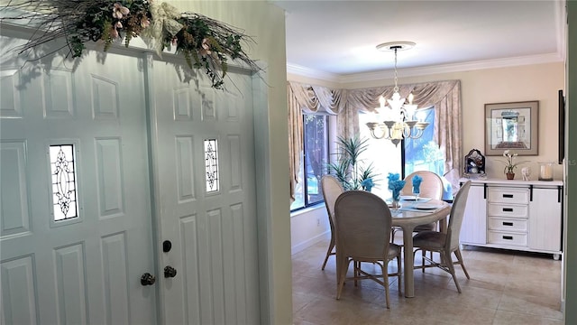 tiled dining area featuring crown molding and a chandelier