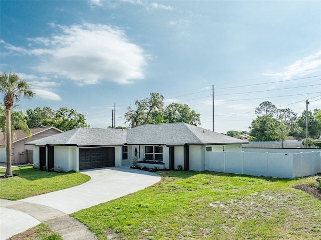 single story home with a garage and a front yard