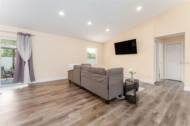 living room with lofted ceiling and light hardwood / wood-style floors