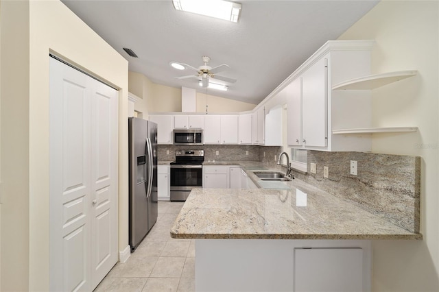 kitchen featuring sink, white cabinetry, light stone counters, kitchen peninsula, and stainless steel appliances