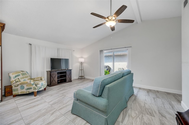 living room with ceiling fan and vaulted ceiling