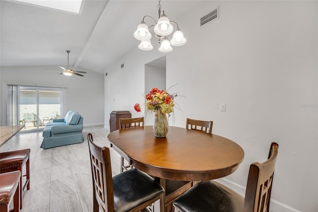 dining space with ceiling fan with notable chandelier and lofted ceiling with beams