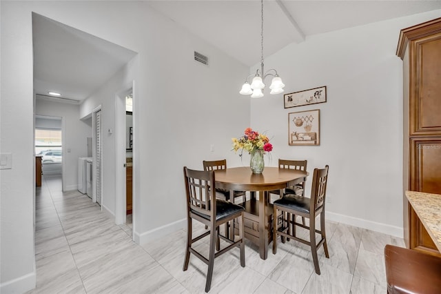 dining room with lofted ceiling with beams and a notable chandelier