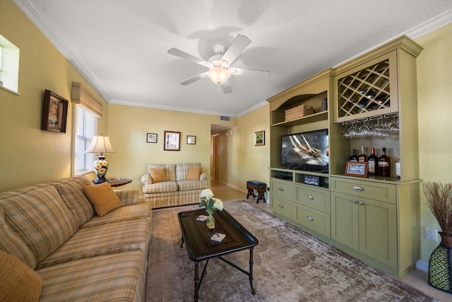 living room featuring ceiling fan and ornamental molding